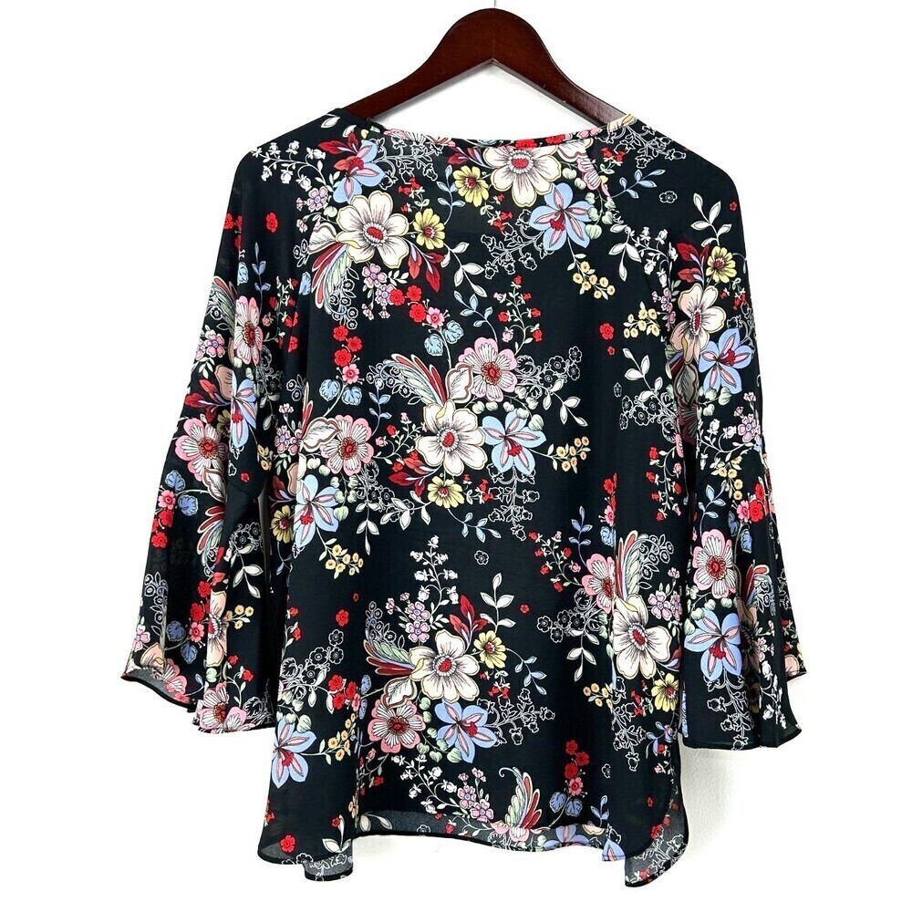 Zac & Rachel Womens Black Floral Round Neck Bell Sleeve Sheer Blouse PL 1140U4 - Picture 6 of 12